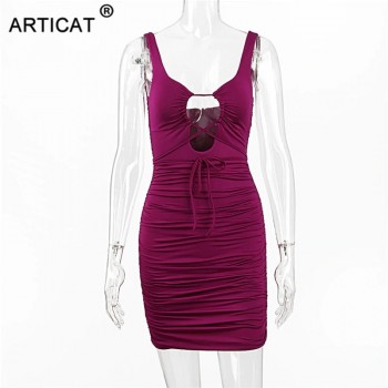Sexy V-neck Ruched Dress Women Solid Sleeveless Skinny Mini Skirt Ladies Bodycon Casual Hollow Out